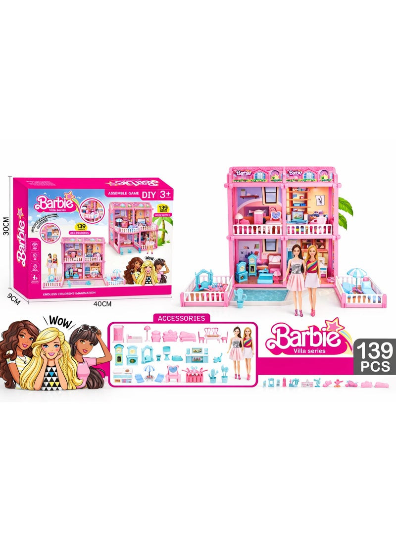 Barbie Villa Series Luxury DIY Dollhouse - 139 Pcs Mega Dream House with 2 Dolls, Multi-Room Furniture & Outdoor Patio - Deluxe Creative Toy for Girls